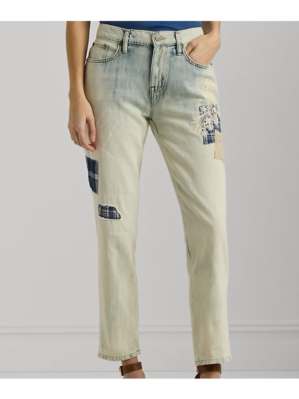 Lauren Ralph Lauren Patchwork Relaxed Tapered Ankle Jeans in Blue Wash Size 6